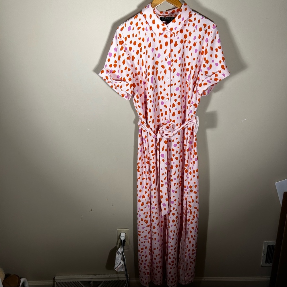 NWT Eloquii Pink Leopard Button Down Short Sleeve Maxi Dress Size 16